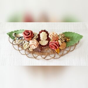 Vintage Cameo‎ With Flowers 4" Brooch Pin